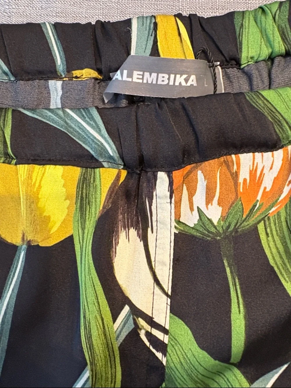 Black Floral Wide-Leg Pants with Yellow & Orange Tulips - Picture 8 of 10
